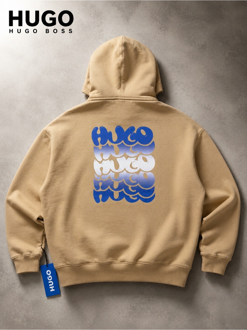 HUGO Boss Heavyweight Boxy Oversized Hoodie Tan Blue Logo Men’s L NWT Cotton